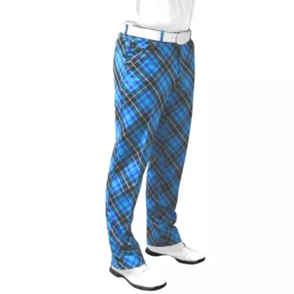 Royal & Awesome Men’s Golf Pants Blue Plaid Trews Flat Front Size 34x30